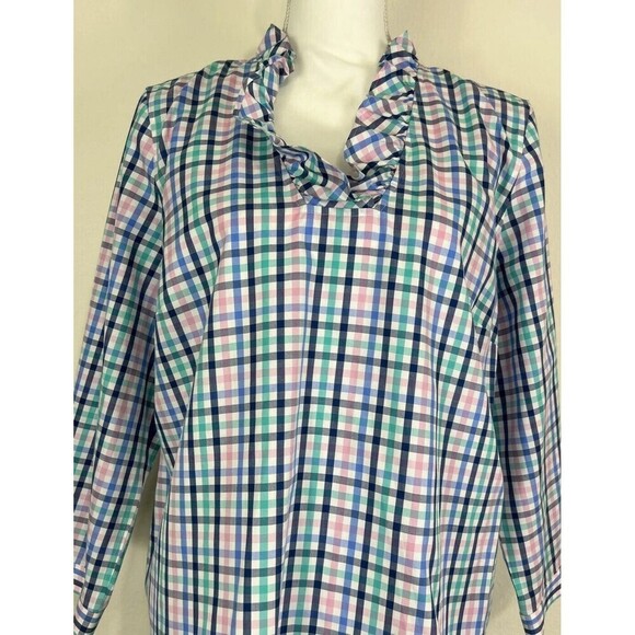 Talbots Petite No Iron Multi Color Ruffle-Neck Popover Gingham Tunic Size 16P - Picture 12 of 13